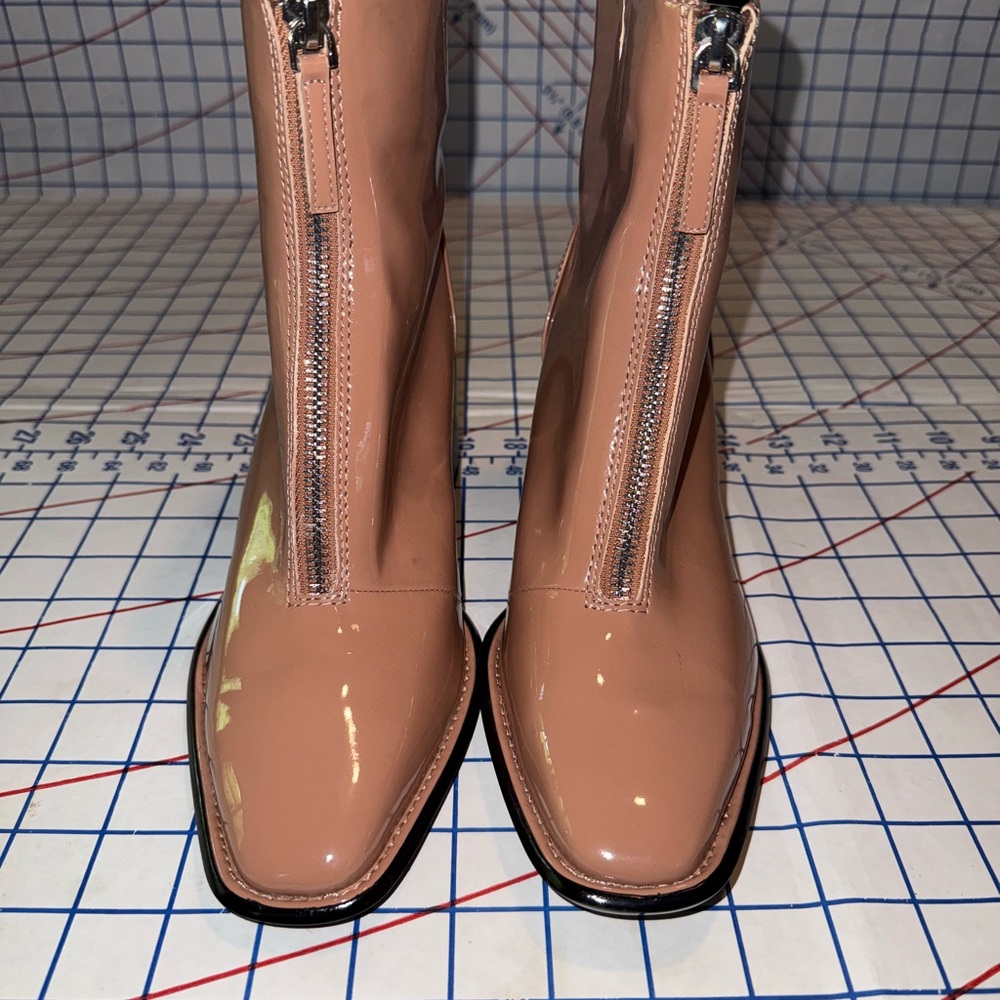 Tan Glossy Heeled Boots with Front Zipper